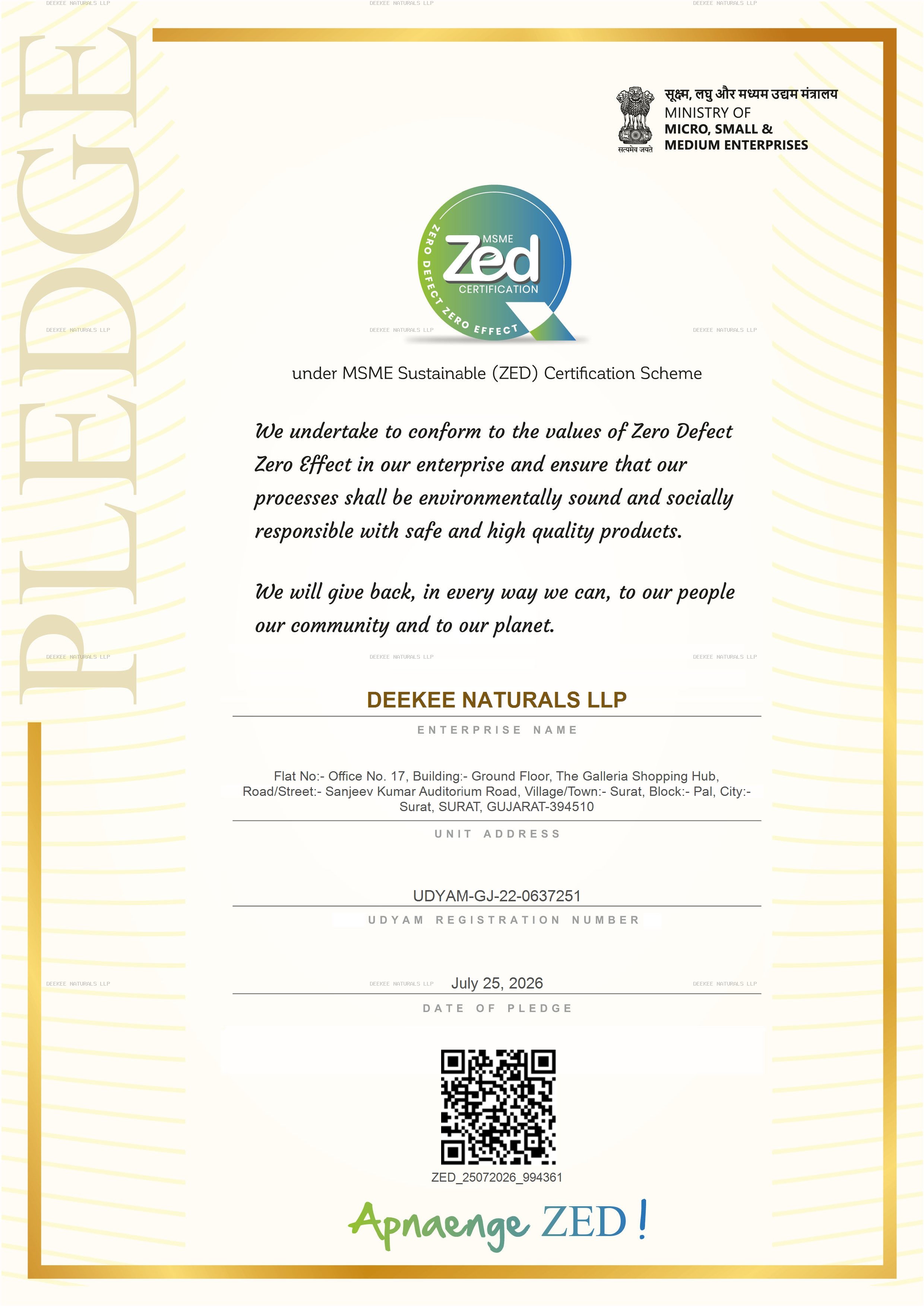 ZED Pledge Certificate
